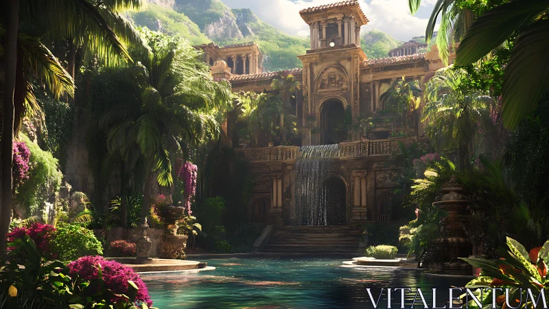 Lush tropical courtyard with classical stone palace.