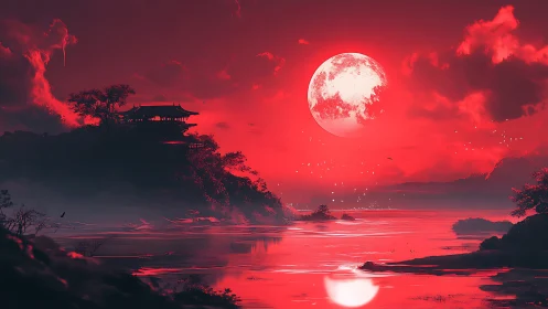 Crimson moonrise over misted pagoda shores in dreamlike hush.