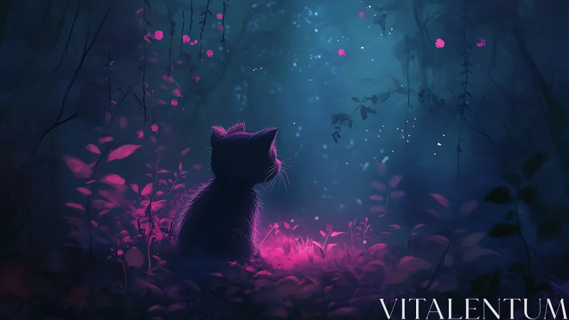 Silhouetted Feline in Luminescent Botanical Environment with Neon Ambient Lighting.