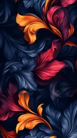 Flowing floral swirls in rich orange, red, and blue hues.