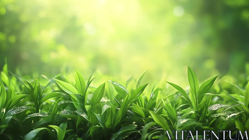 Sunlit green sprouts glow under soft morning backlight.