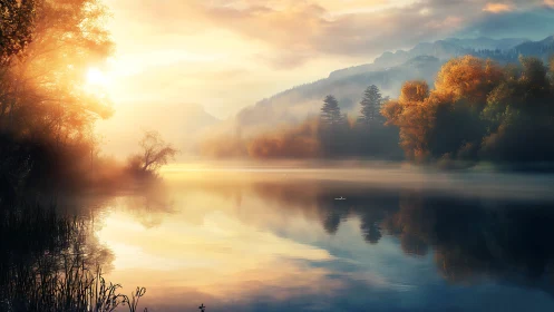 Sunrise drapes a misty forest lake in molten autumn light