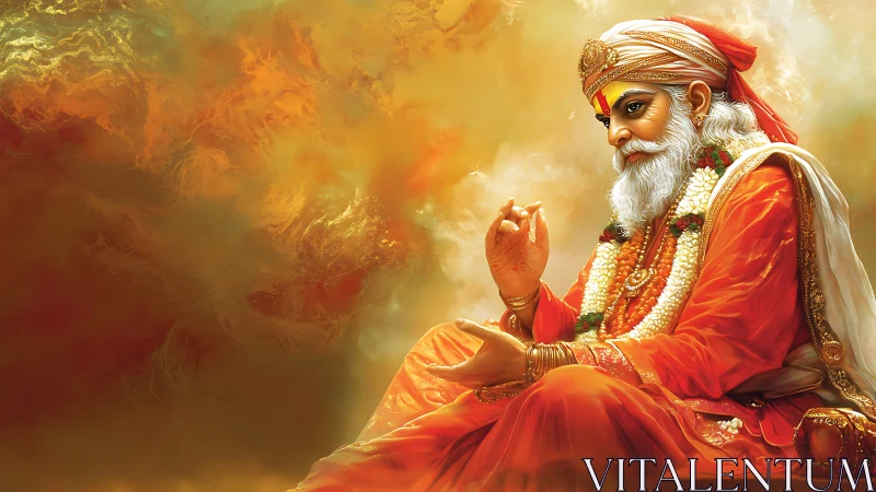 Meditating sage in orange robes against glowing golden mist