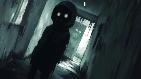 Hooded shadow figure haunts decayed corridor perspective