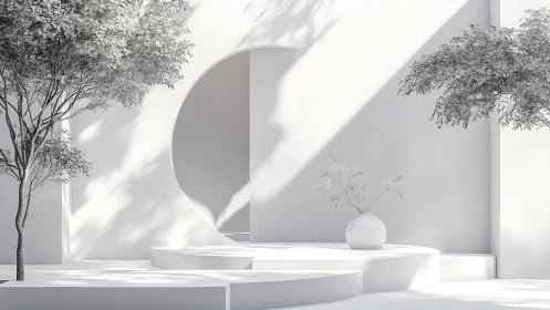 Minimalist White Interior Space with Circular Mirror and Botanical Elements