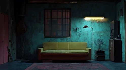 Dim interior room with yellow sofa and teal textured walls.