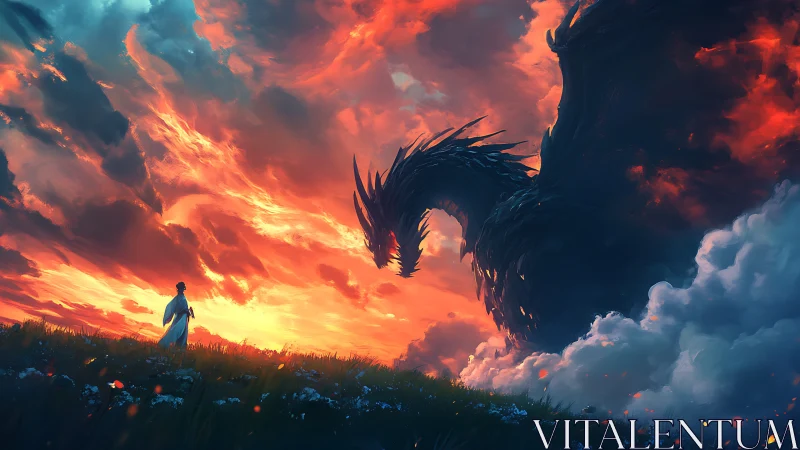 Digital painting of lone figure confronting dragon at sunset sky.