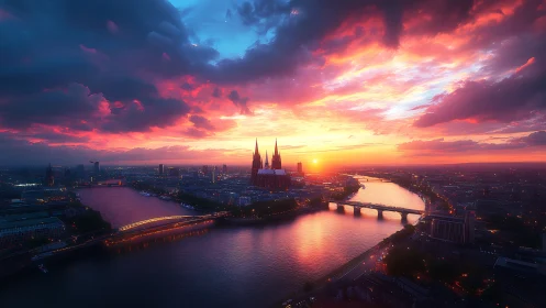 Radiant sunset sky welcomes a glowing riverside city