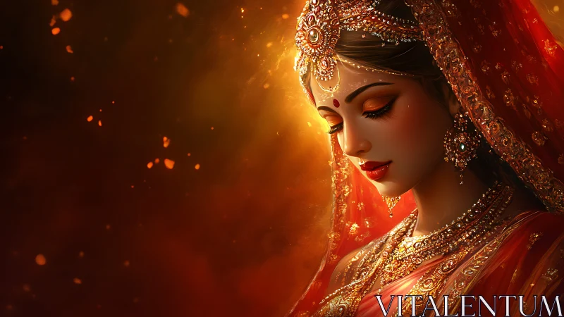 Digital painting portrait of bridal woman in warm light.