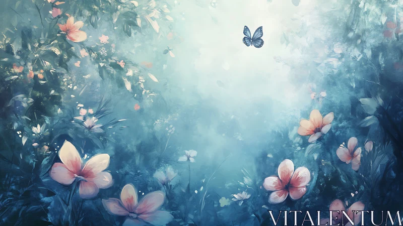 Ethereal Garden in Turquoise: Luminous Flowers and Butterfly Dance.