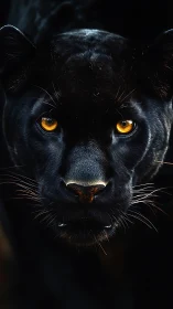 Black Panther Portrait with Golden Amber Eyes in Dark Low-Light Rendering