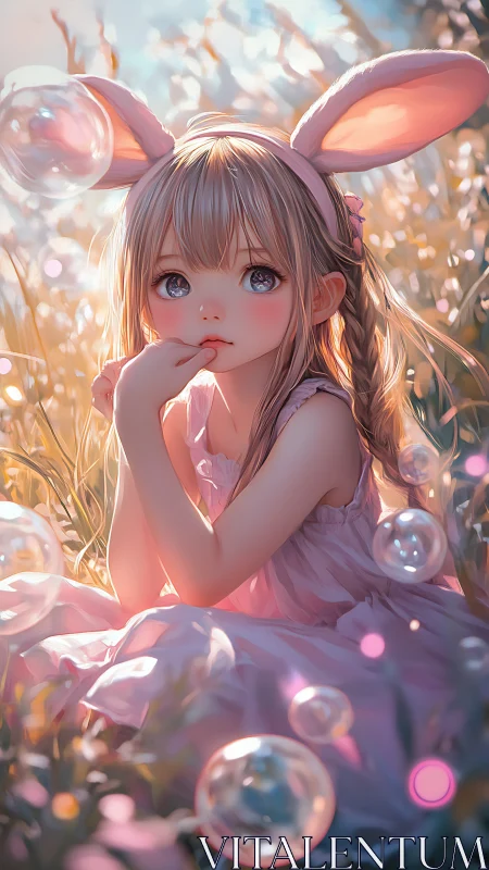 Anime portrait of bunny-eared girl in luminous meadow light.