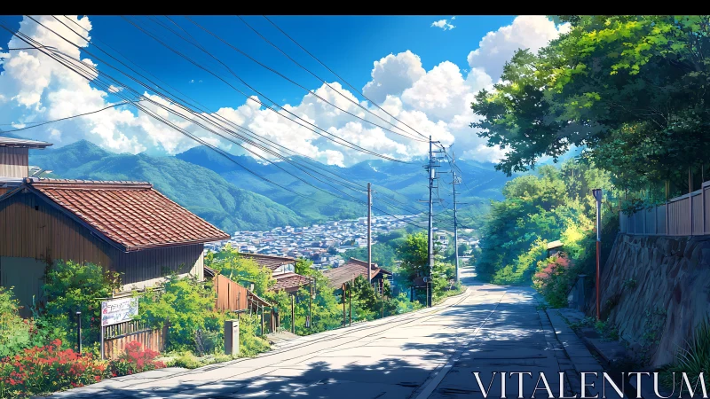 Hillside road overlooking town under clear summer sky.