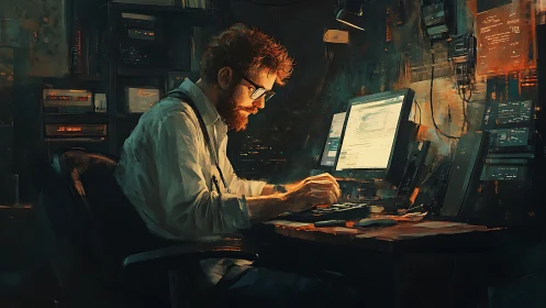 Focused programmer works late in dimly lit cyber workspace