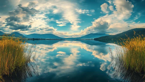 Sky-drunk lake mirrors restless clouds between golden reeds
