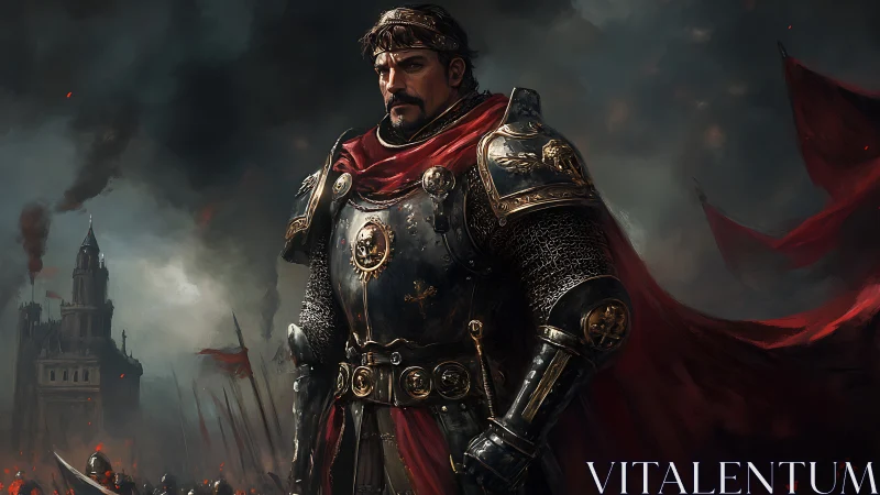 Armored medieval commander before fortress under dark sky.