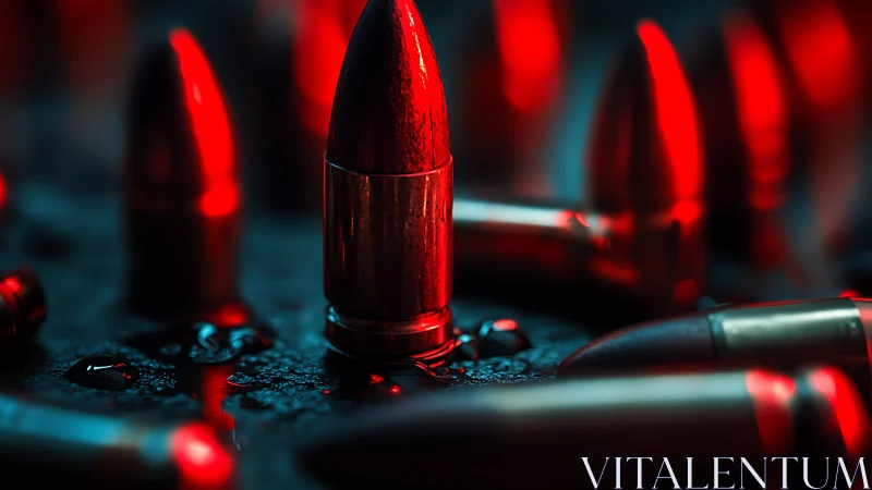 Macro bullet close-up under red light on wet metal surface.