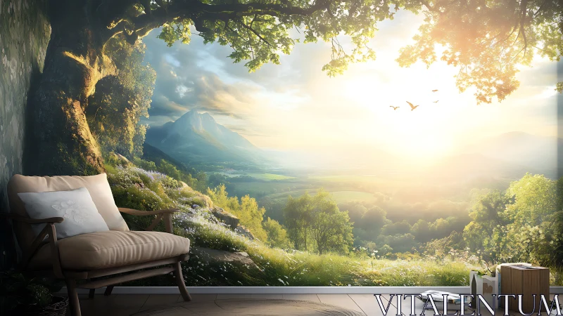 Mountain sunrise mural transforms serene reading corner interior.