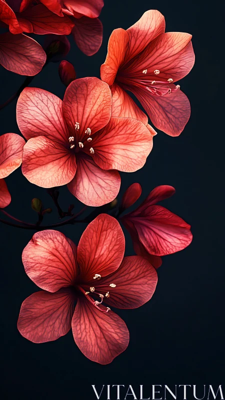Coral-Red Geranium Blooms Against Dark Backdrop.