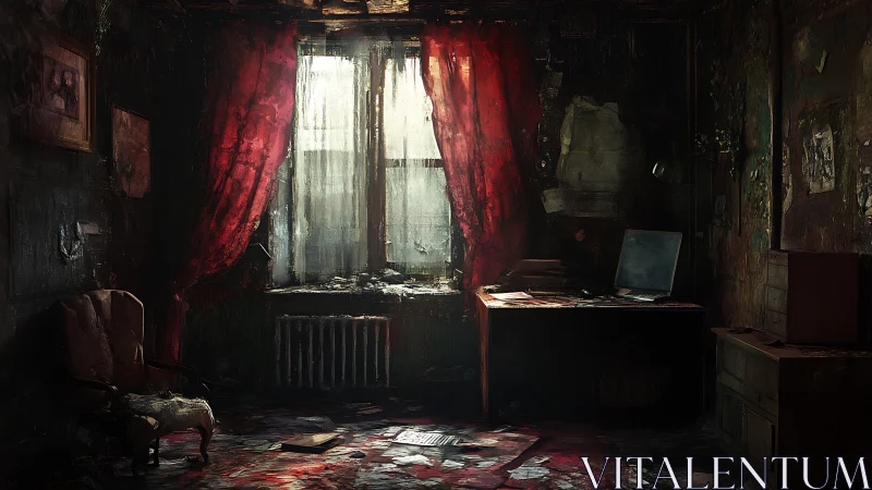 Decaying study room under red curtains and dim light.