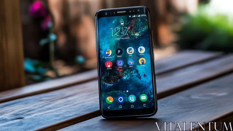 Samsung Galaxy Smartphone on Wooden Surface.