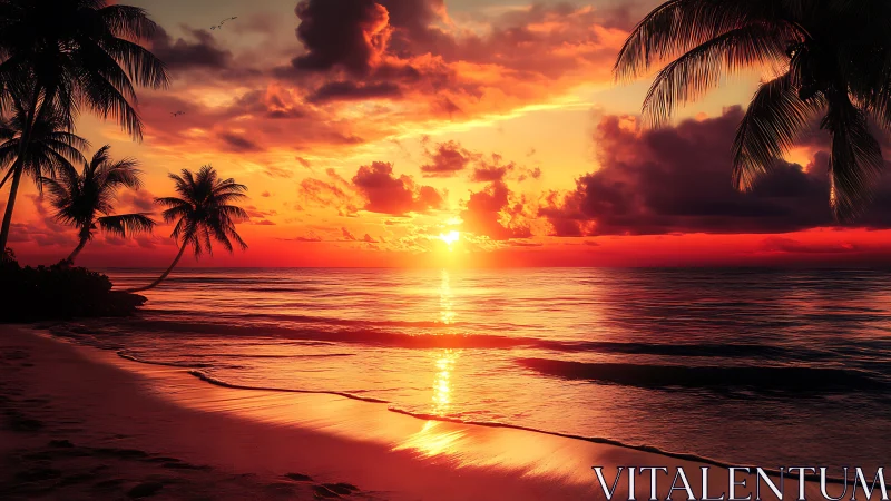 Tropical beach sunset with vivid red sky and palm trees.