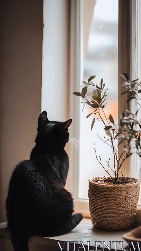 Curious Black Cat Watches Over a Potted Plant by Sunlit Window