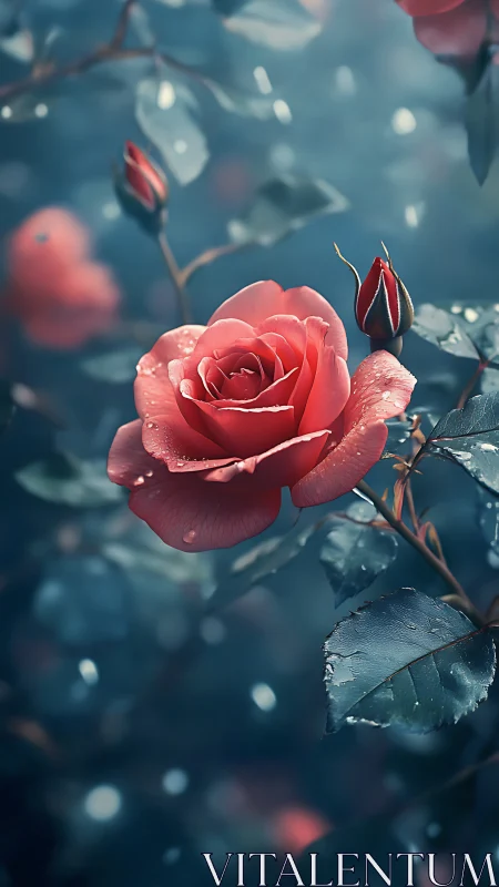 Crimson Bloom Catches Morning Dewdrops Against Moody Blue