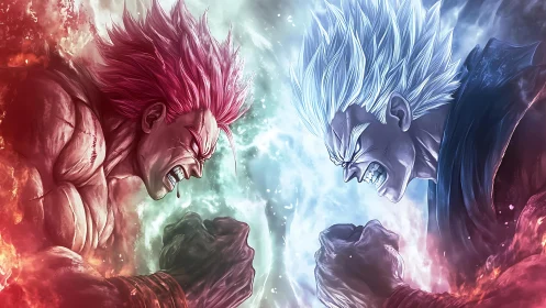 Clashing warriors channel opposing red and blue energy auras.