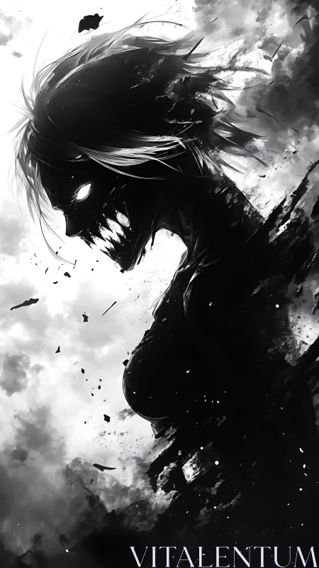 Monochrome demonic silhouette disintegrates into atmospheric ash