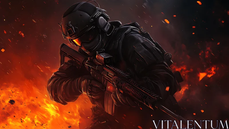 Tactical soldier holding rifle in intense fiery battle scene.