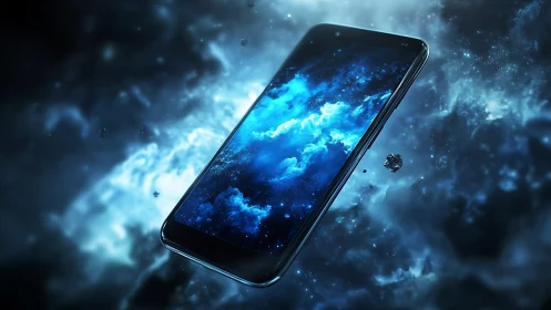 Starlit smartphone drifting through a blue cosmic cloudscape.