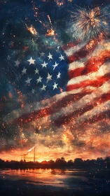 Firelit American flag glows above a vibrant riverside sunset
