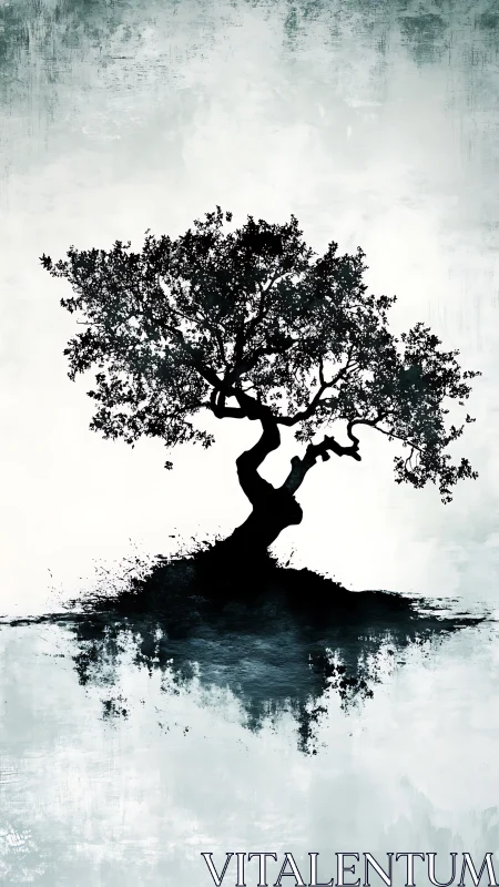 Solitary inked tree with mirrored reflection silhouette.