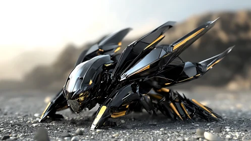 Sleek black robotic insect crouched on rocky ground.