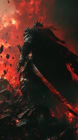 Armored dark knight stands amid erupting molten flames