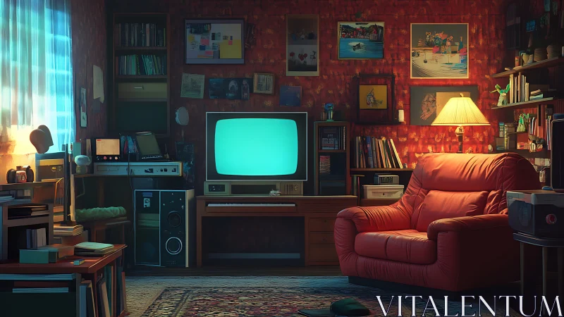 Retro cathode-ray TV lounge with red leather armchair ambience