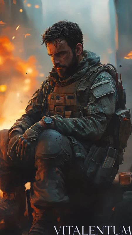 Soldier in tactical gear seated amid urban explosion.