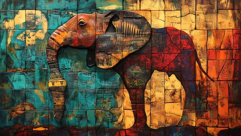 Color-block elephant mural on textured abstract grid wall.