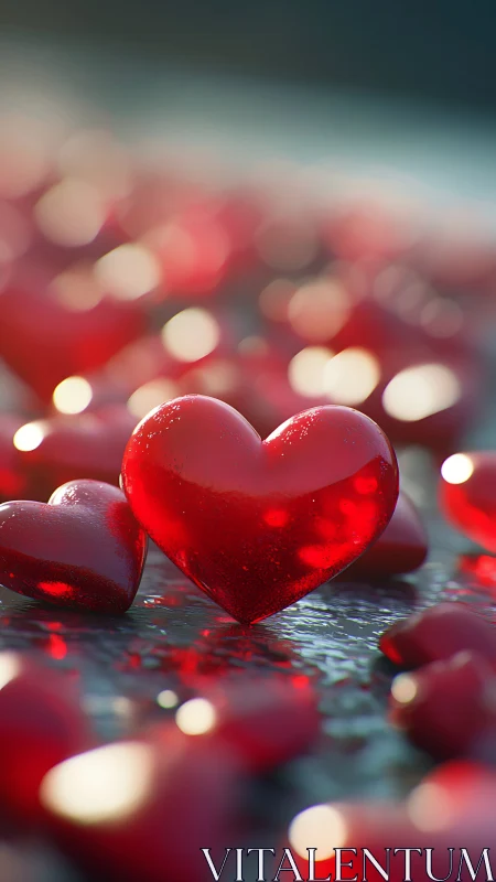 Red crystalline hearts with bokeh backdrop.