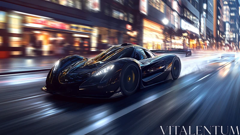 Midnight supercar glides through neon city streets in motion