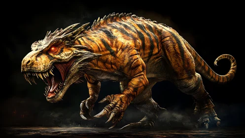 Tiger-striped reptilian monster roars in a dark environment