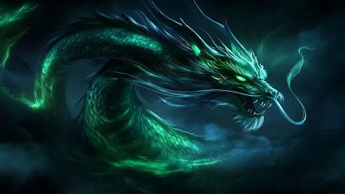 Emerald storm dragon coiled in spectral celestial mist.