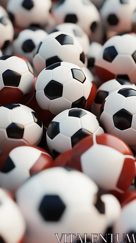 Close-up view of stacked black and white soccer balls.