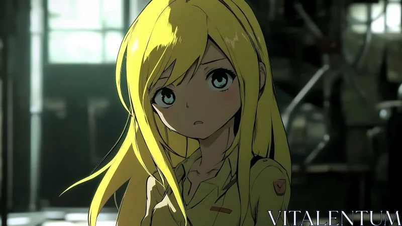 Blonde anime girl in dim industrial workshop setting.