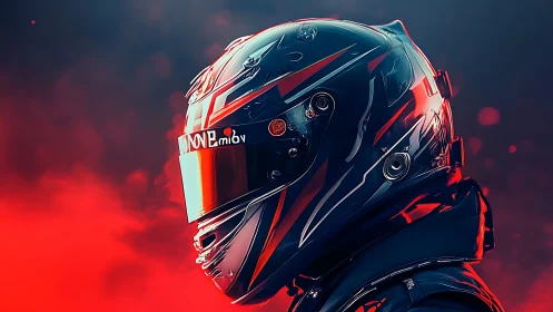 Racing helmet profile with reflective visor in red vapor haze