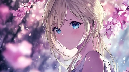 Melancholic anime girl gazes through soft pink blossoms