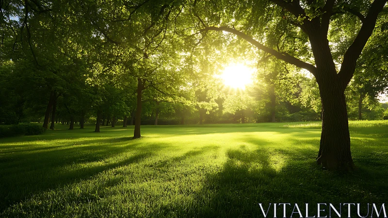 Sunlit green park with trees casting strong shadows.