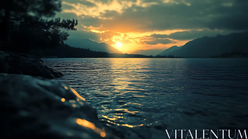 Soft sunset glow over tranquil mountain lake waters.