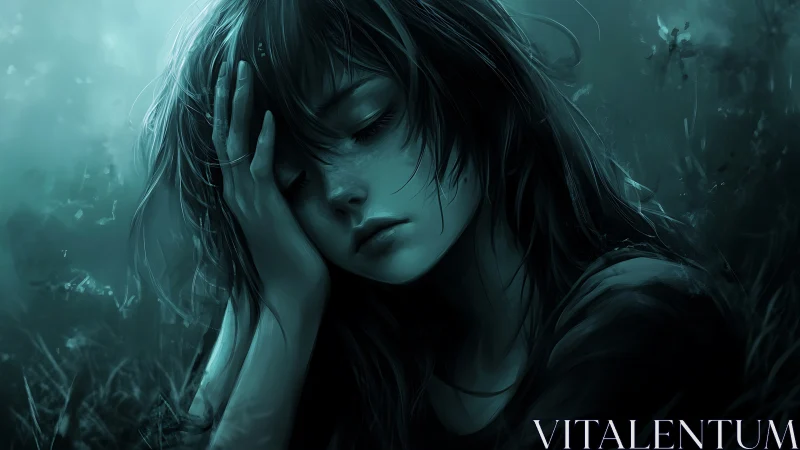 Nocturnal teal portrait of resting girl in digital chiaroscuro.